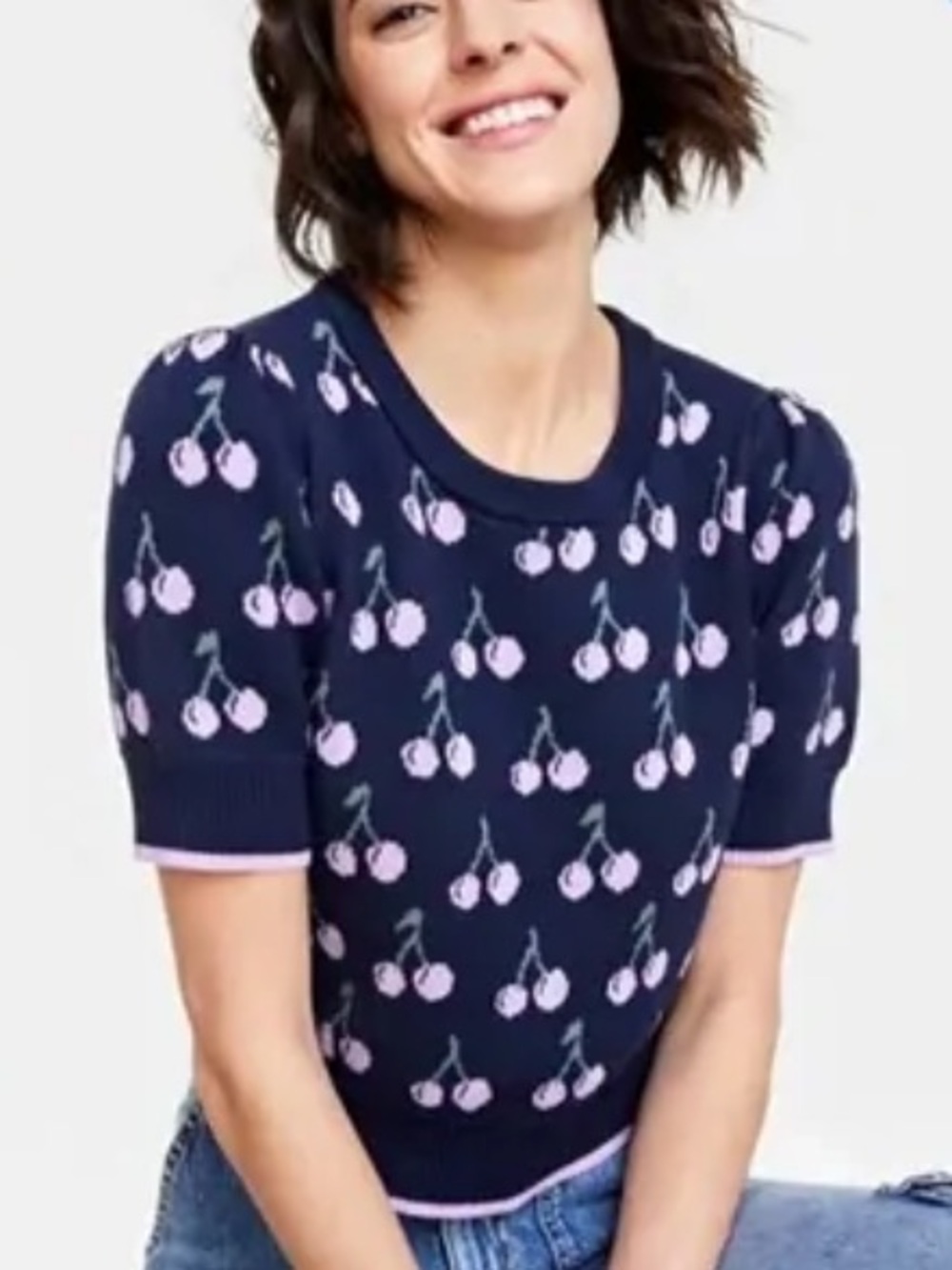 ON 34th- sz S Navy and Pink Floral cherry print Knit Sweater as seen on TV!